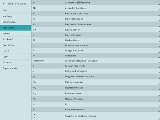 Screenshot Konstantenliste für Physik und Chemie