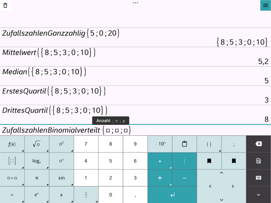 Screenshot Zufallszahlen ganzzahlig Mittelwert Median Quartile Binomialverteilte Zufallszahlen und Eingabehilfen